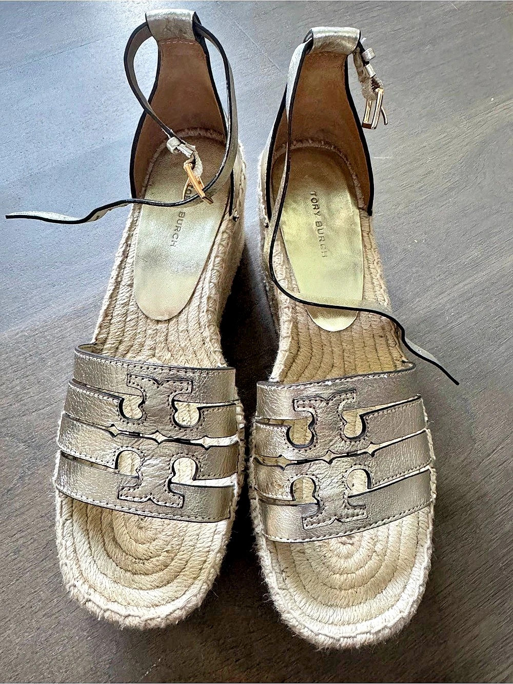 Tory Burch Wedge Espadrille Metallic Platform Sandals 8.5